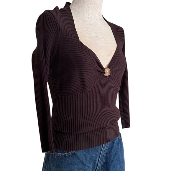 Cache Brown Gold Ribbed Tube Top Shirt Womens Sz Large Y2K V Neck 3/4 Sleeve - Picture 4 of 16